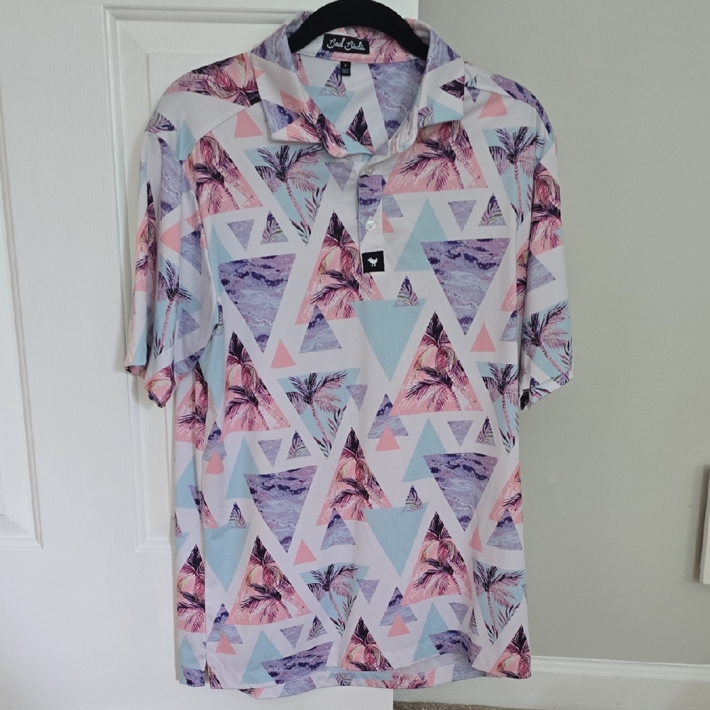 Bad Birdie Pink and Purple Polo Shirt with Geometric Design